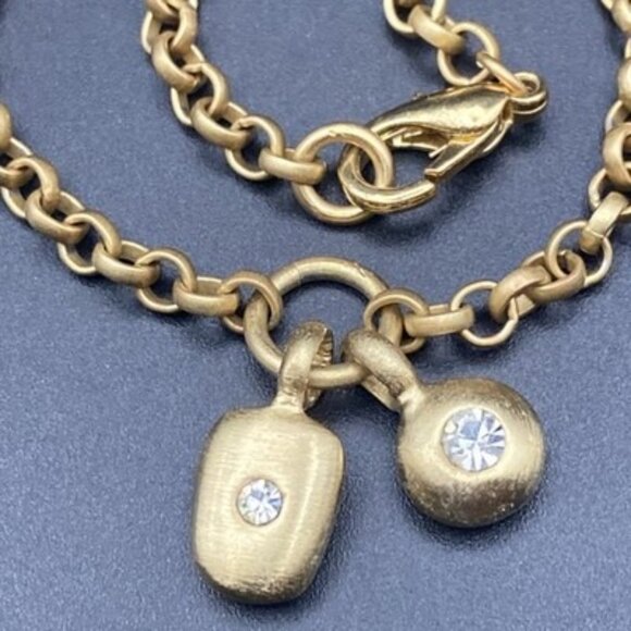 Matte Gold Tone Chain Bracelet Geometric Charms Rhinestone Modern Minimalist 8" - Picture 4 of 6